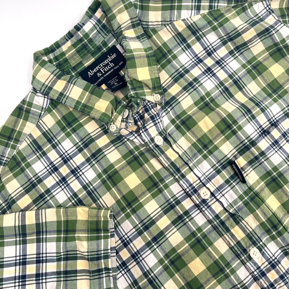 ABERCROMBIE Mens Sz XL Vintage Green Yellow Plaid Short-Sleeve Button-Down Shirt